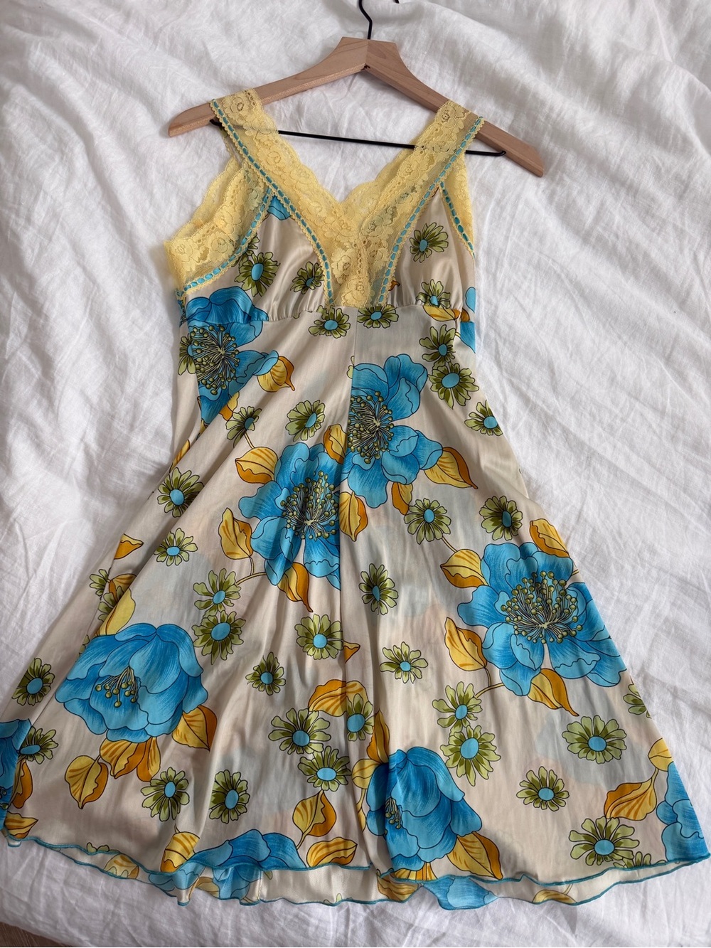 Vintage Floral Lace-Trim Slip Dress in Blue & Yellow